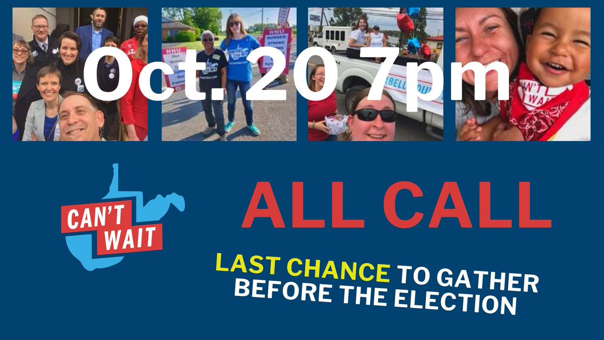 WVCantWait's tweet photo. Last All Call before the election!
We will answer some tough questions, sign up for GOTV tasks, give input to the strategy for what comes next after election day, & more!
💻 Zoom:
https://t.co/nVSGeoIpaW
📞 Call:
1-312-626-6799, 88586129522#
#wvcantwait #allcall #whatsnext https://t.co/tebcVdlDwc