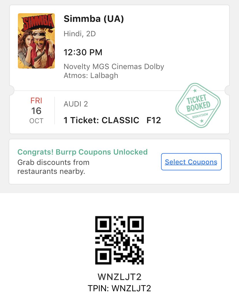 akshayerathi's tweet photo. Done! If anybody in #Lucknow wants to go catch #Simmba at the spectacular #NoveltyCinema, here’s your ticket to the ‘first day first show’! @Tutejajoginder @atulmohanhere @girishjohar
#BringBackBollywoodBoxOffice https://t.co/PpI7uo9Zos