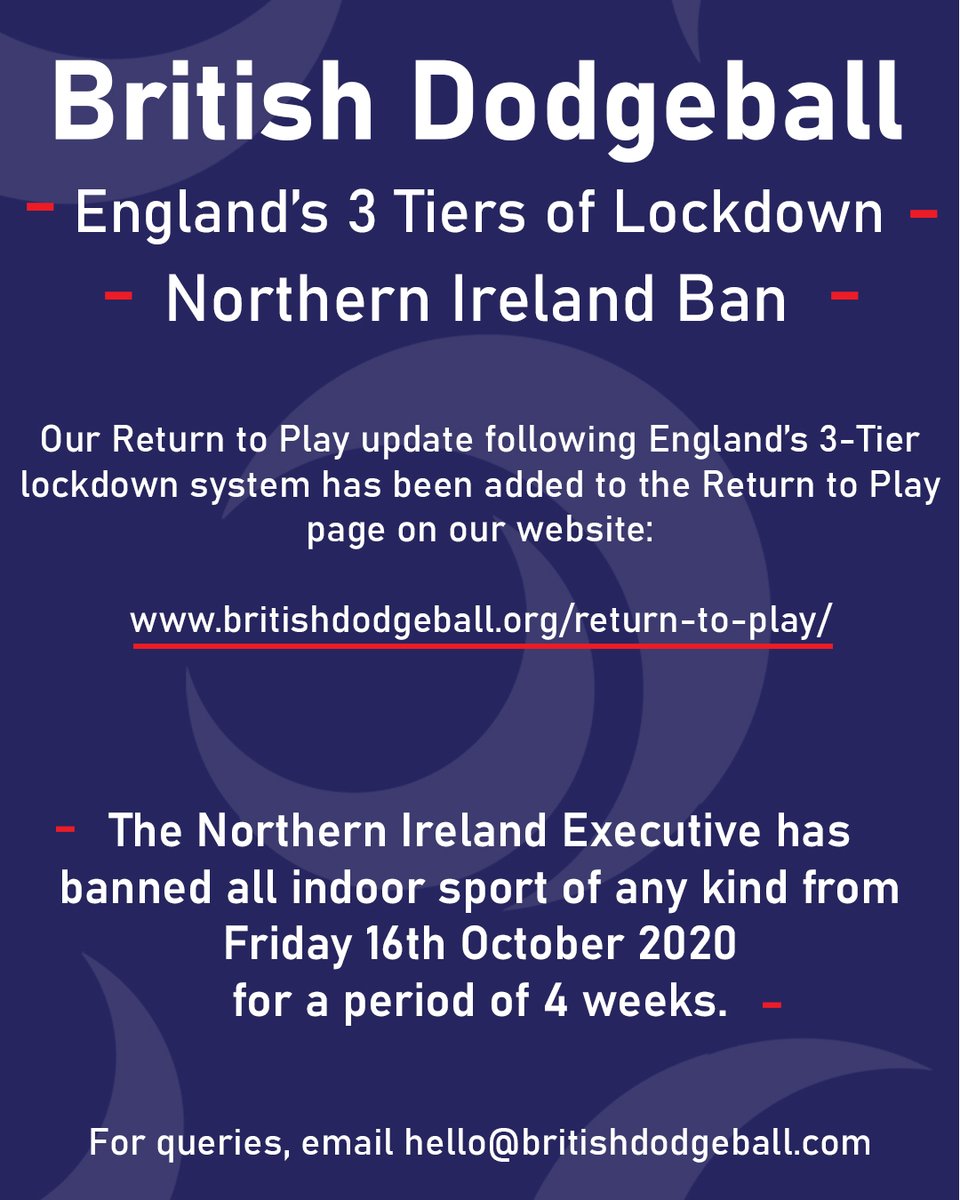 BritDodgeball's tweet photo. Following government announcements in Northern Ireland &amp; England earlier this week, we have updated our Return to Play web page to accommodate these changes:
https://t.co/G9qe6GngI5 https://t.co/ddtl5DdMvG