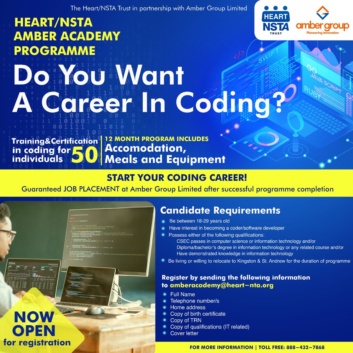 heartnstatrust's tweet photo. Do you want a career in coding? Apply today for the HEART/NSTA Amber Academy Programme. Training and certification in coding available for 50 individuals.

Start your coding career! Guaranteed Job Placement at Amber Group Limited after successful programme completion. https://t.co/FDd8vLTlPE