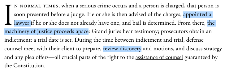 I'm sympathetic to all the arguments this piece makes about how the pandemic may undermine a host of defendants' constitutional rights. But man, this opening paragraph about how criminal cases work in "normal times" is a fantasy. /1  https://www.theatlantic.com/ideas/archive/2020/10/constitution-pause-americas-courtrooms/616633/