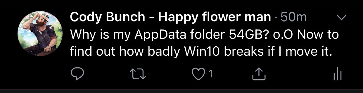 Screenshot of a tweet that reads: "Why is my AppData folder 54GB? o.O Now to find out how badly Win10 breaks if I move it.