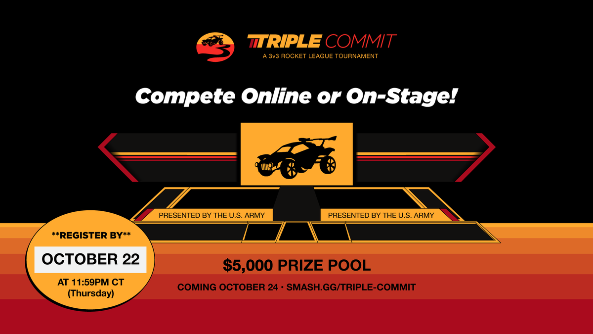 EsportsStadium's tweet photo. Triple Commit is a FREE to enter 3v3 Rocket League tournament on Oct. 24 created by our community and presented by the @USArmy! 

Compete online or on-stage, its your choice: https://t.co/cIfNNTq6IB https://t.co/AU0BP3bEOU