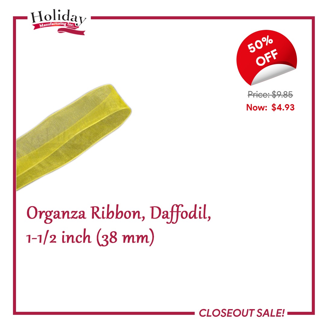Available in a wide 38mm size, our wholesale Daffodil organza ribbon is versatile enough for any project. 
.
 #organzaribbon #organzaribbons #holidaybows  #closeoutsale #framingham #massachusetts #springfield