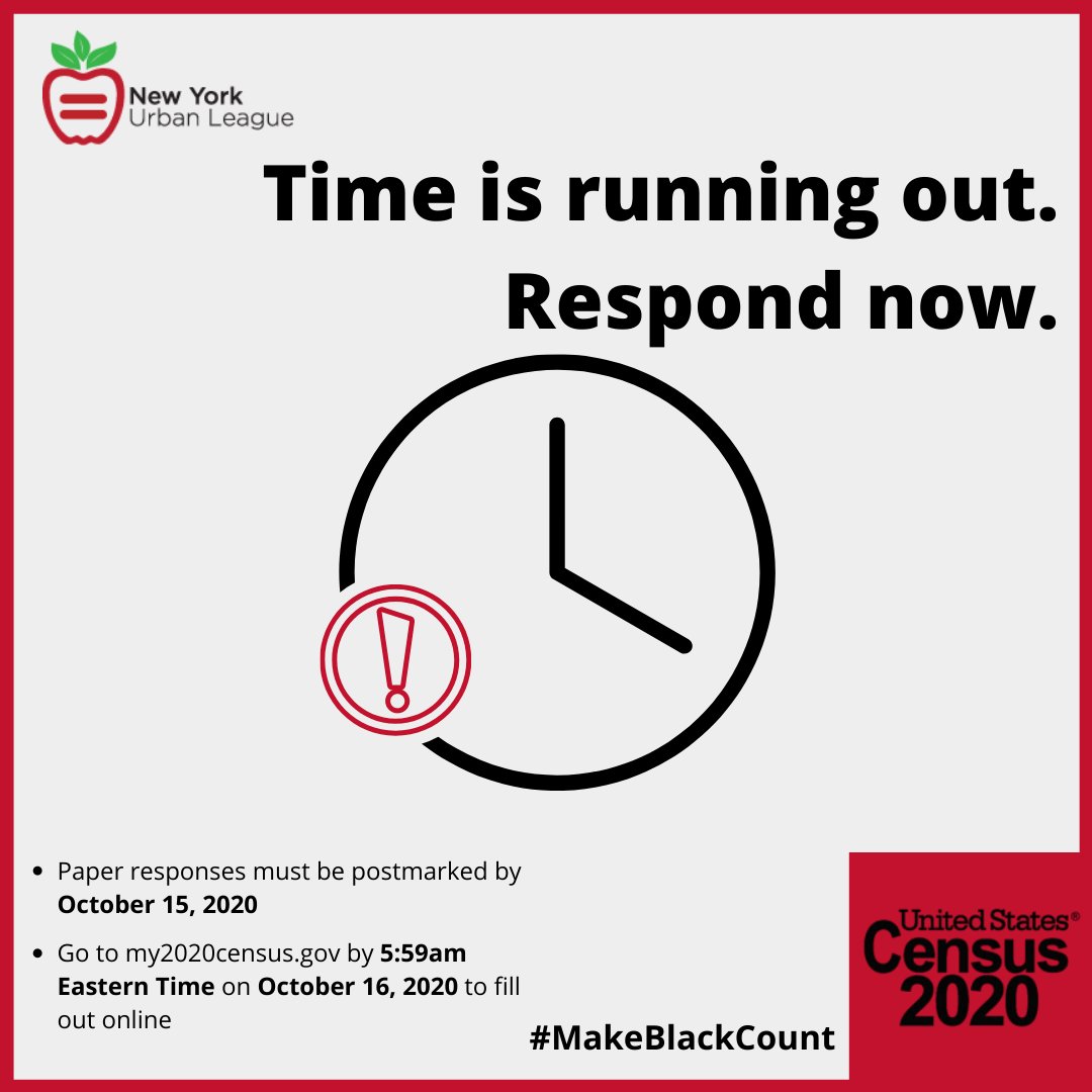 NYUrbanLeague's tweet photo. We are now in the last hours to complete the 2020 Census. If you have not already done so, you can either mail your census form (must be postmarked today) or go to https://t.co/Wb5vcdbAt5 by 5:59AM 10/16/2020! #MakeBlackCount #ComeToOurCensus https://t.co/yAsoWBgv4P