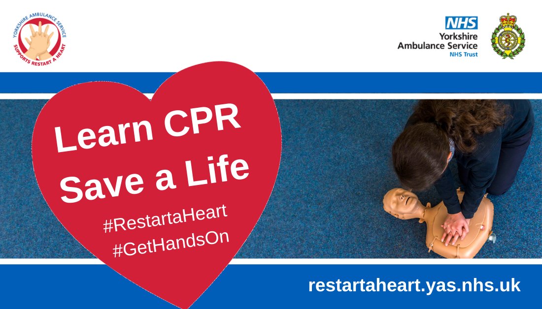 YorksAmbulance's tweet photo. #RestartaHeart Day is TOMORROW! Good luck to our partners @ResusCouncilUK @TheBHF @stjohnambulance  @BritishRedCross  &amp; UK ambulance services as the CPR training event goes digital! Big thanks to @yascharity for supporting the  lifesaving training ❤️. Please support us on Twitter https://t.co/HaVnTRo9Go