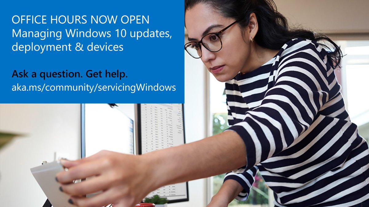 IT pros: #Windows10 office hours are now open. We're here to help and answers your questions on managing updates, deployments, and devices!

aka.ms/community/serv…
