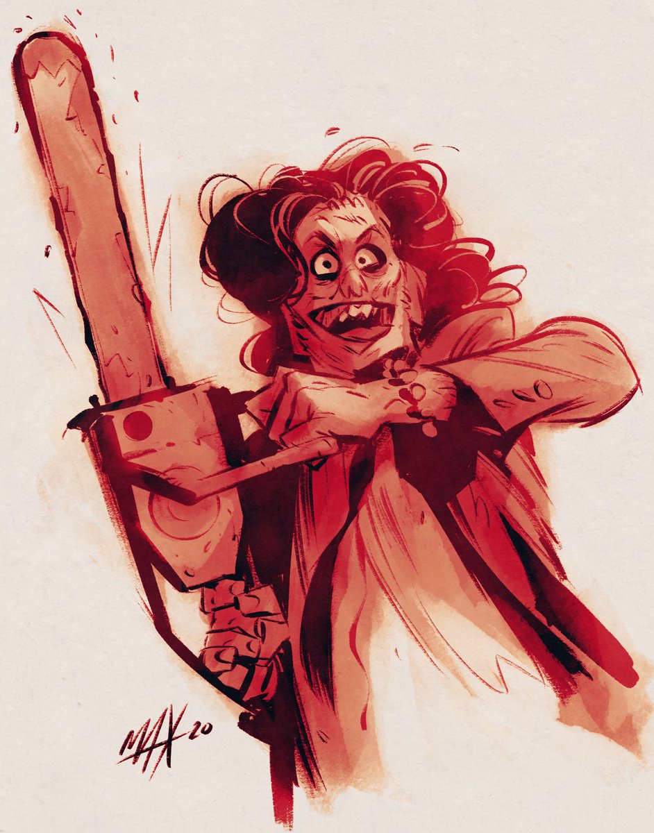 MaxUlichney's tweet photo. #Leatherface
I used the #Procreate 5x gradient mapping to take it from a gray wash to a warm sunset feeling. 
Inked with my Toothy Inker from my #ComicsMaxPack and painted with the Gouache Retro Wash and Scrub brushes from my #RetroMaxPack. 

#MaxPacks #texaschainsawmassacre https://t.co/saD9UAPcDQ