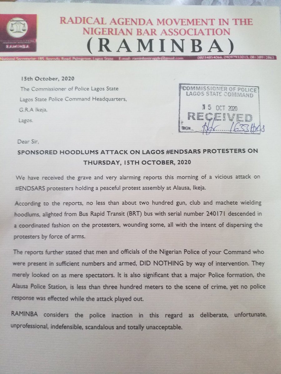 AdesinaOgunlana's tweet photo. RAMINBA WRITES LAGOS CP OVER HOODLUMS STTACK ON LAGOS #ENDSARS PROTESTERS @mrmacaroni  @DeleFarotimi  @activistfemi  #aishayesufu  @NigBarAssoc  #SARSMUSTENDNOW  @AYOADEMILUYI  @nbaradical https://t.co/Dq64YWA3Zj