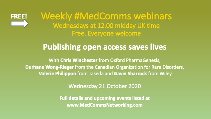 networkpharma's tweet photo. Publishing open access saves lives >> our next #medcomms webinar during #OAweek 2020, with the @_OpenPharma team on Wednesday 21 October. Featuring Chris Winchester, Durhane Wong-Rieger, Valerie Philippon and Gavin Sharrock. Everyone welcome https://t.co/1xL2EOUKvR https://t.co/nfJtY7lkyN