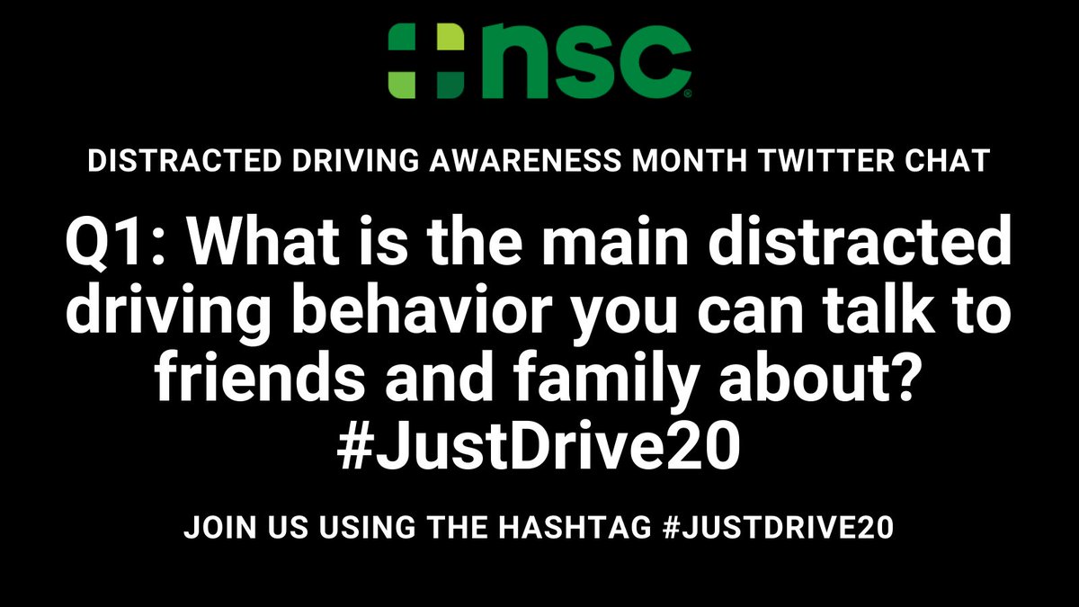 Q1: What is the main distracted driving behavior you can talk to friends and family about? #JustDrive20