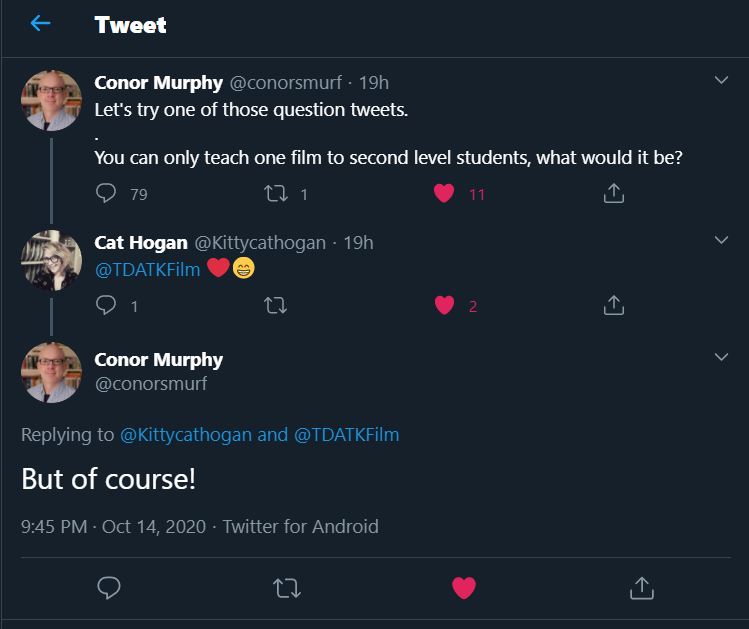 Here is a very complimentary twitter exchange where it is suggested that #TheDrummerAndTheKeeper would be a good film to teach second level students 😊 
Do you agree?