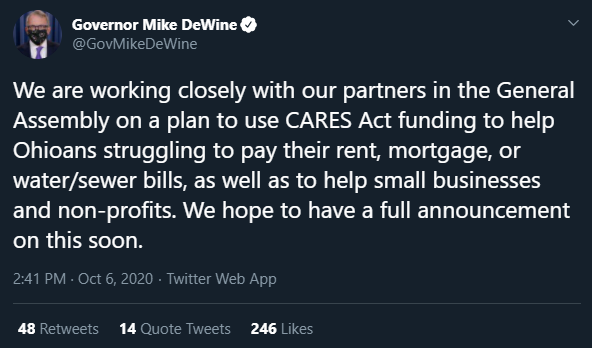 . @GovMikeDewine has said his administration is working w/ lawmakers to develop a plan to use CARES Act funds to help Ohioans who are struggling to pay their rent, mortgages or water/sewer bills. We appreciate the support & look forward to seeing their plan  #GOPCThread