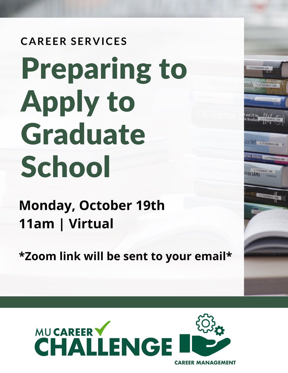 MU_ACAdvising's tweet photo. Methodist University’s Career Services is hosting a zoom meeting explaining the steps you should be taking to apply for graduate school. 

It will be held at 11:00 am on Monday, October 19th! SAVE THE DATE!

*The link will be sent to your email* https://t.co/ZIXK0lAf7V