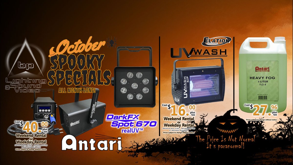 VideoBp's tweet photo. October 2020 Monthly Specials are going on now at BP Lighting Sound &amp; Video. The ANTARI DarkFX Spot 670 with RealUV™ will rent for $40.⁰⁰ We have other specials going on this month as well so come in TODAY! https://t.co/G0vJlHb9Ga