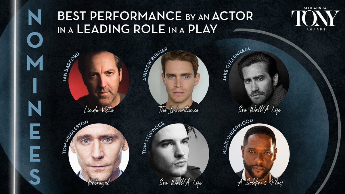 The Tony Awards (@thetonyawards) on Twitter photo Best Perf. by Actor in a Leading Role in a Play:
• Ian Barford, @2stnyc’s #LindaVista
• @McDrewBur, <a href="/inheritanceplay/">The Inheritance</a>
• Jake Gyllenhaal, @seawallalife
• <a href="/twhiddleston/">Tom Hiddleston</a>, <a href="/betrayalbwy/">Betrayal Broadway</a>
• #TomSturridge, @seawallalife
• <a href="/BlairUnderwood/">Blair Underwood</a>, <a href="/roundaboutnyc/">Roundabout</a>’s #ASoldiersPlay
#TonyAwards Best Perf. by Actor in a Leading Role in a Play:
• Ian Barford, @2stnyc’s #LindaVista
• @McDrewBur, <a href="/inheritanceplay/">The Inheritance</a>
• Jake Gyllenhaal, @seawallalife
• <a href="/twhiddleston/">Tom Hiddleston</a>, <a href="/betrayalbwy/">Betrayal Broadway</a>
• #TomSturridge, @seawallalife
• <a href="/BlairUnderwood/">Blair Underwood</a>, <a href="/roundaboutnyc/">Roundabout</a>’s #ASoldiersPlay
#TonyAwards