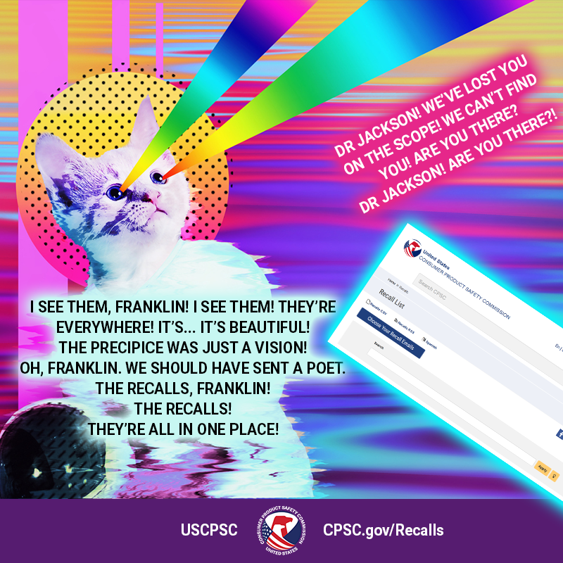 A cat named Dr. Jade Jackson in the void of the internet with rainbows shooting out of her eyes. The text reads: Dr Jackson! We've lost you on the scope! We can't find you! Are you there? Dr Jackson! Are you there?! Dr Jackson, replies: I see them, Franklin! I see them! They're everywhere! It's... It's beautiful! The precipice was just a vision! Oh, Franklin, we should have sent a poet. The recalls, Franklin! The recalls! They're all in one place!