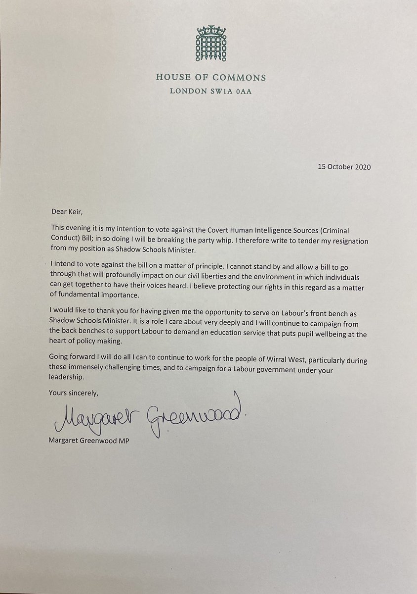 I have voted against the Covert Human Intelligence Sources bill and so have tendered my resignation from my position as Shadow Schools Minister. I wrote to Keir Starmer before the vote. I’d like to thank Keir for having given me the opportunity to serve on Labour’s front bench.