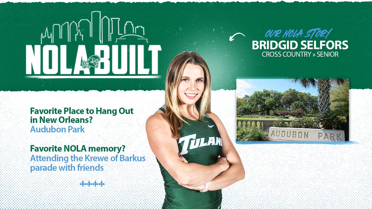 TulaneAthletics's tweet photo. Brigid Selfors embraces the culture of our city and her experiences have shaped her NOLA story.

#NolaBuilt #RollWave https://t.co/6cBb6uDwwS