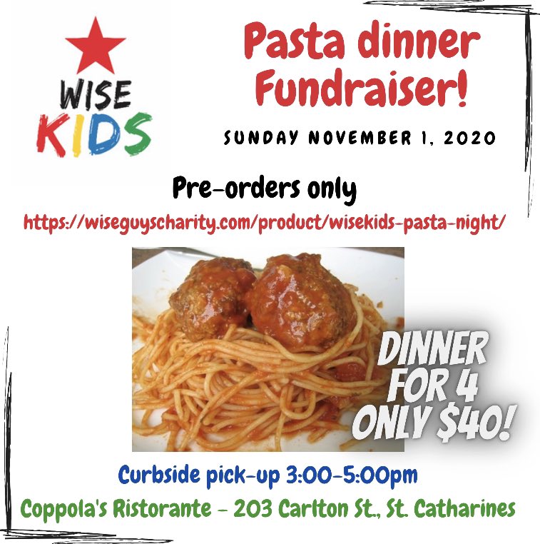 WiseGuysCmtee's tweet photo. Order your dinner today for pick up Sunday November 1st from 3-5pm @coppolasristo  Proceeds from each order goes to support Wise KIDS, a part of Wise Guys Charity Fund.

https://t.co/AM9emrlE5H https://t.co/Wstn0IcF4s