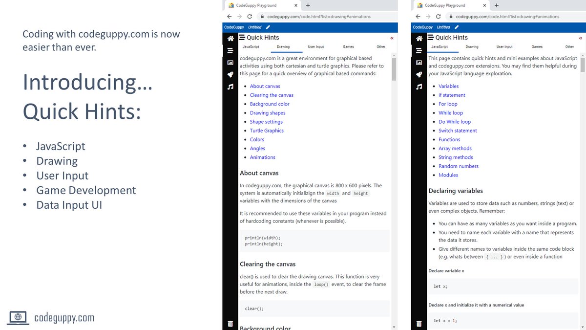CodeGuppy's tweet image. Coding in with codeguppy.com is now easier than ever!

📢 Introducing #javascript / #creativecoding / #drawingwithcode / #gamedev Quick Hints!

Available in  code editor - see action bar button

#learntocode #codingforkids #codingisfun #CodeNewbie