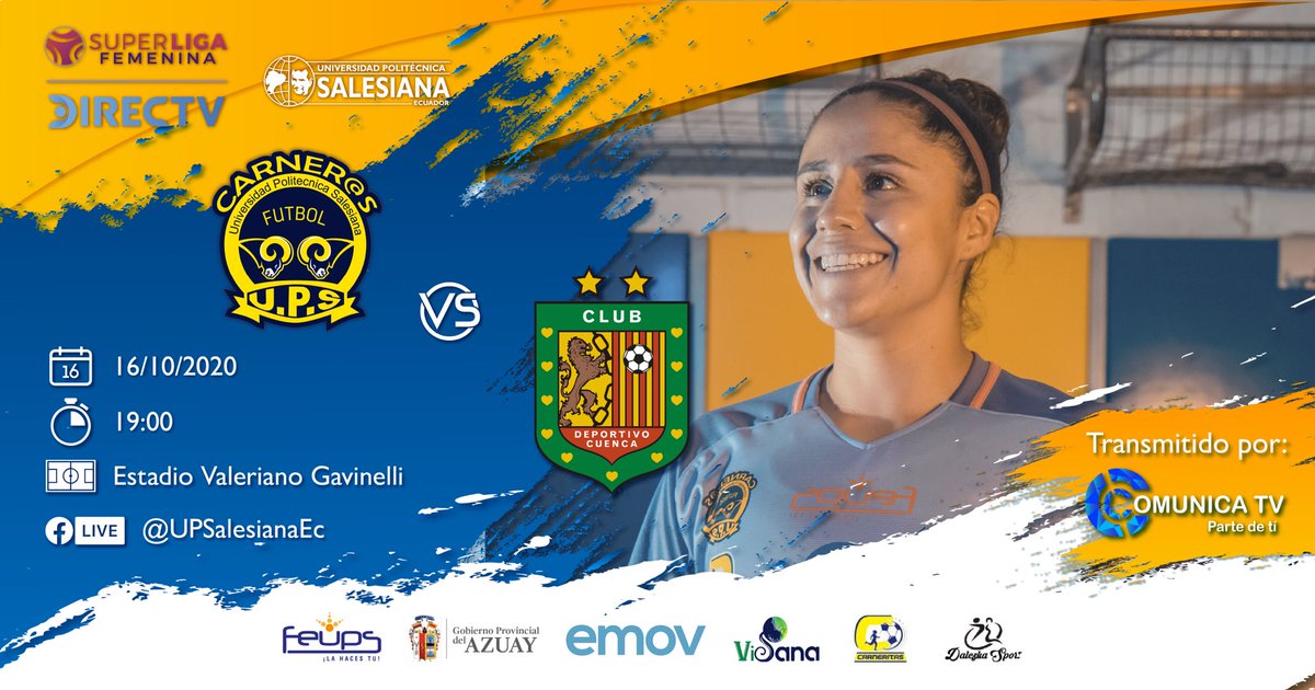 upsalesianaec's tweet photo. ⚽🏃♀️ Este viernes 16 de octubre a las 19h00 @upscarnerasA recibe al equipo colorado @CuencaFemenino en la #SuperLigaFemeninaEc.
🎥 Transmisión #EnVivo por #FacebookLive en: @UPSalesianaEc con el apoyo de #ComunicaTV.
#VamosCarneras #SLFDirectv #LaUPSNoSeDetiene 💛💙 https://t.co/vlXBB6CPeT