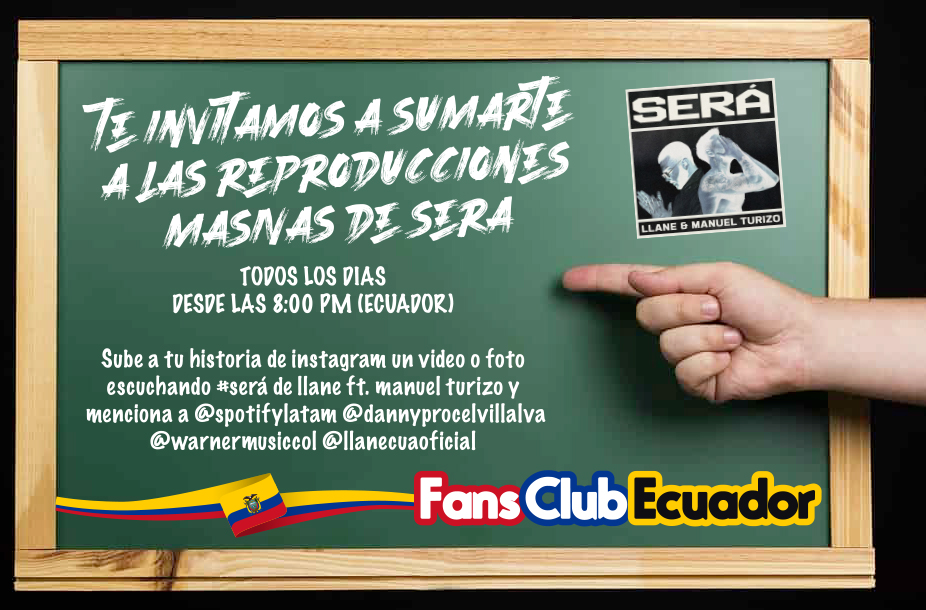 Te invitamos a partir de hoy y todos los días desde las 8:00PM (Ecuador) a sumarte a las reproducciones masivas vía #Spotify de #Será de <a href="/Llane/">LLANE</a> ft. <a href="/ManuelTurizoMTZ/">Manuel Turizo Zapata</a> ... No olviden las respectivas menciones en sus #InstagramStories !! 🎧💃🏻🎤🎉💪🇪🇨