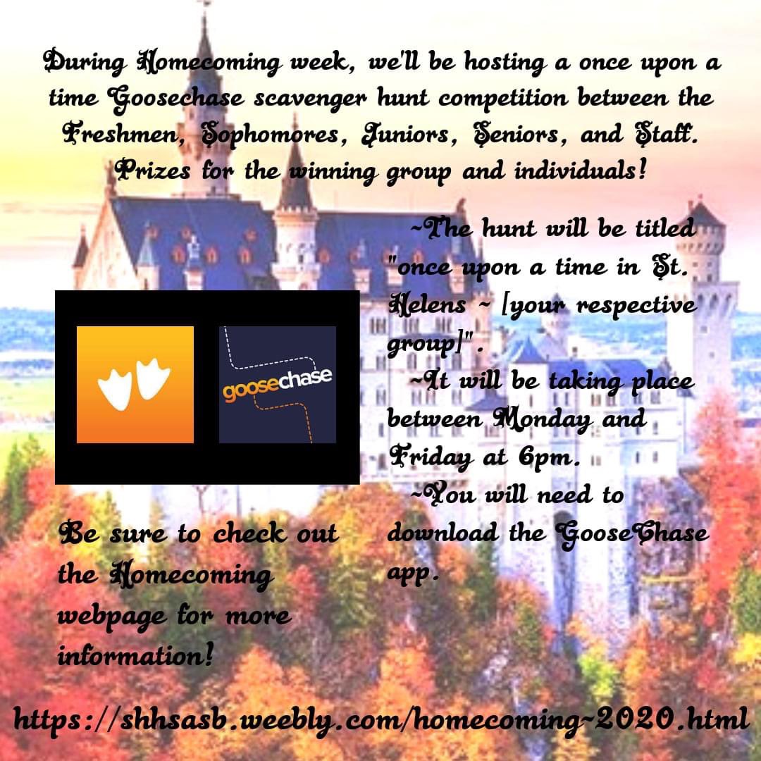 SH_BandandGuard's tweet image. Only 2 more days to complete the "Once Upon a Time in St. Helens" ScavengerHunt

Download the GooseChase app from goosechase.com/download/

Search for "Once Upon A Time In St. Helens and you will see 5 games with that title. Find and join the correct one for your class or staff.