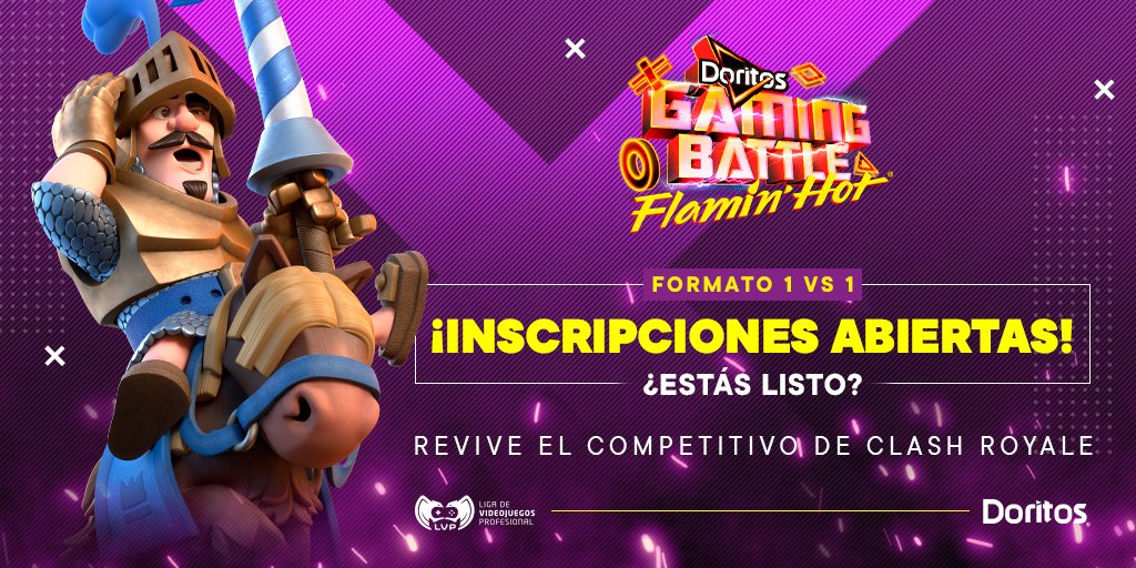 🃏¡Amantes de Clash Royale! 🃏
Vuelve a revivir el competitivo que tanto nos apasiona con este torneo de <a href="/DoritosCol/">Doritos Colombia</a> muy especial #ParaLosAtrevidos amantes de este mobile ! 🤩

Muestra tu destreza en las diferentes arenas, inscríbete: bit.ly/ClashxDoritos 🔥