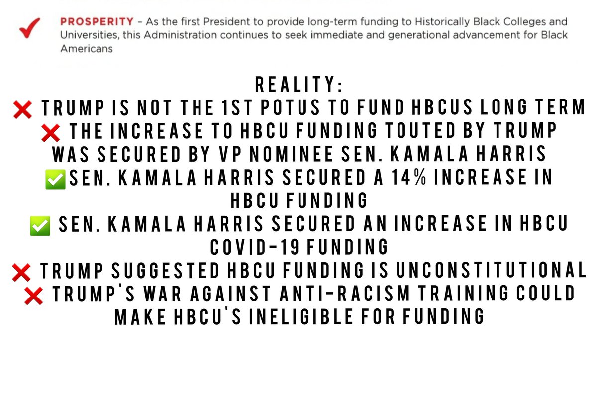 Trump has not been a champion for HBCUs. In fact he has a fraught relationship with HBCUs including hostile statements questioning the constitutionality of their funding. The increased funding Trump touts was actually championed by VP nominee Sen. Kamala Harris.  #PlatinumPlan