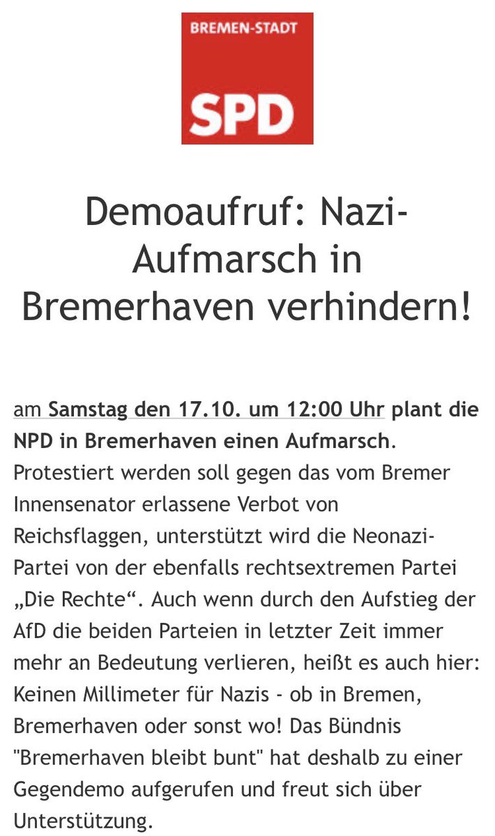 RecaiAytas's tweet photo. #Demoaufruf : Nazi-Aufmarsch in #Bremerhaven verhindern! #FCKNZS #SPD https://t.co/r9agtuICh6