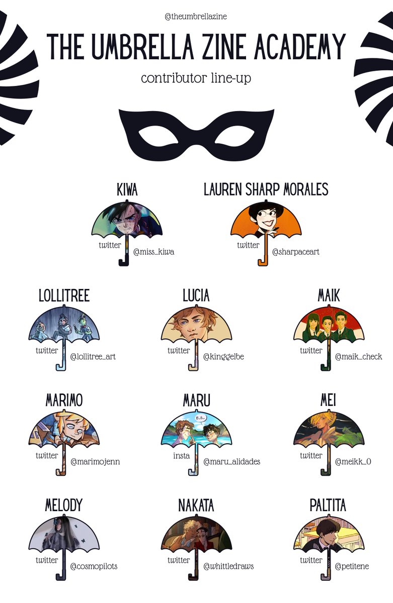 theumbrellazine's tweet photo. ☂️ THE UMBRELLA ZINE ACADEMY ☂️

Our team of 40 splendid contributors will bring you the upcoming TUA zine! From canon and AU booklet pages of illustrations and stories to a tarot card deck and merch like charms, prints and stickers, you will find everything your heart desires ✨ https://t.co/0IWfee720g