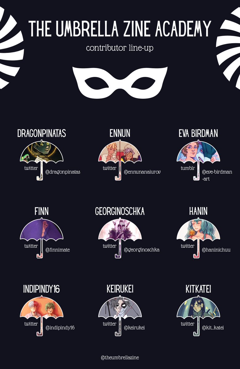 theumbrellazine's tweet photo. ☂️ THE UMBRELLA ZINE ACADEMY ☂️

Our team of 40 splendid contributors will bring you the upcoming TUA zine! From canon and AU booklet pages of illustrations and stories to a tarot card deck and merch like charms, prints and stickers, you will find everything your heart desires ✨ https://t.co/0IWfee720g