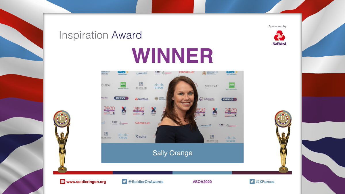 SoldierOnAwards's tweet photo. The winner of the 2020 #SoldieringOnAwards Inspiration Award, sponsored by @NatWestBusiness, is @sally0range...Congratulations! 👏👏🏆🥇 #SOA2020 #AllWinners #10YearsOfSOA #ArmedForcesCommunity @renkapur @JohnNicholRAF https://t.co/igv0zlE2Hm