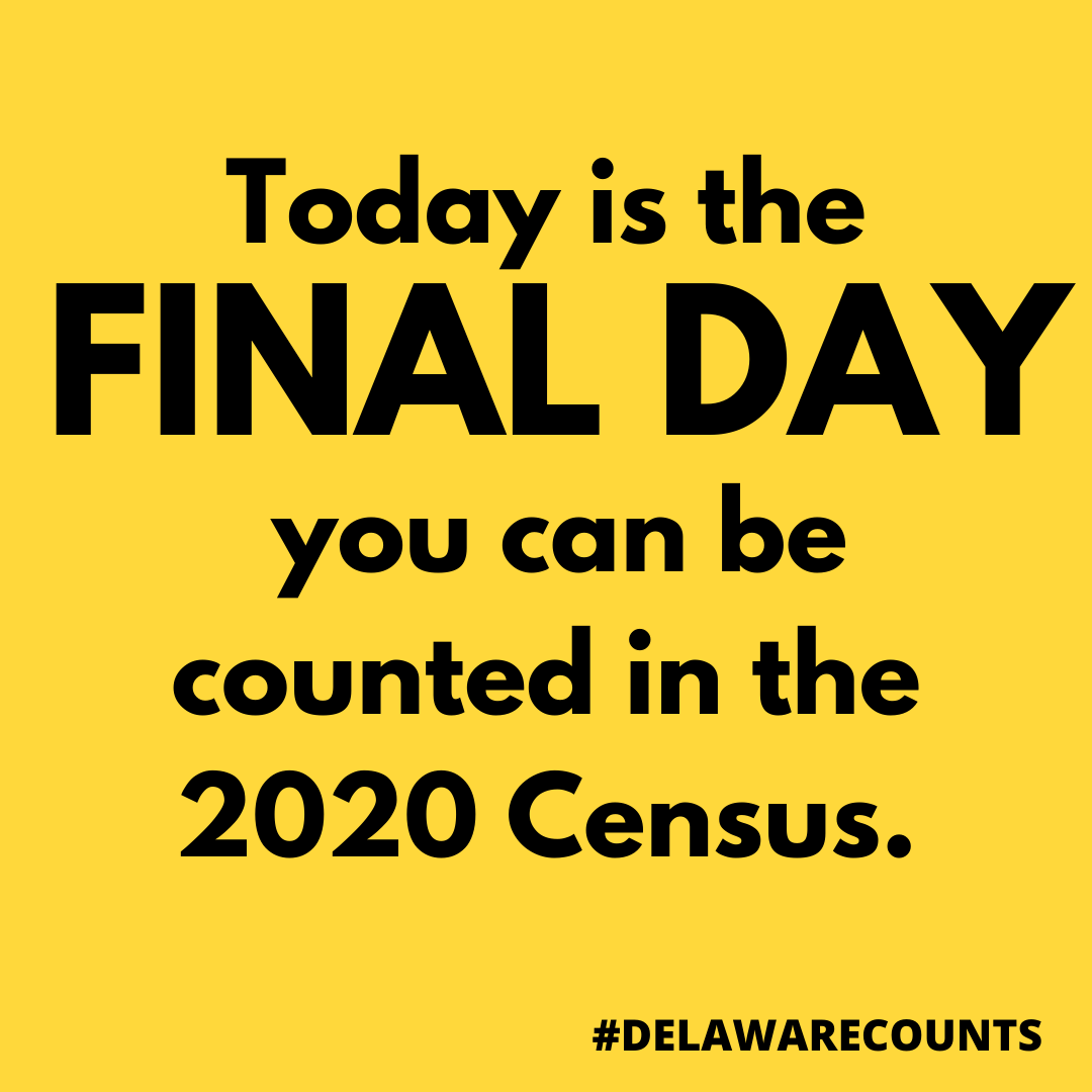 DelawareCounts's tweet photo. We are in the final hours of self-response! If you have not yet been counted in the 2020 Census, please head over to https://t.co/8oPNq5AAnX or call 1-844-330-2020 to make your voice heard!
#DelawareCounts #Census2020 https://t.co/M81p1yp86s