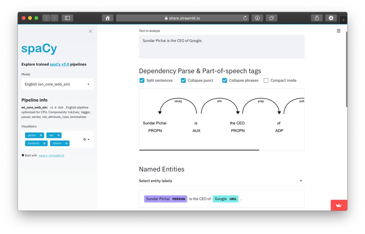 If you want to play with the new (or your own custom trained) <a href="/spacy_io/">spaCy</a> v3 models, check out this app I built, hosted with the new <a href="/Streamlit/">Streamlit</a> sharing – also launched today, so perfect timing! 🥳

🖼️ App: share.streamlit.io/ines/spacy-str…
👑 spacy-streamlit: github.com/explosion/spac…