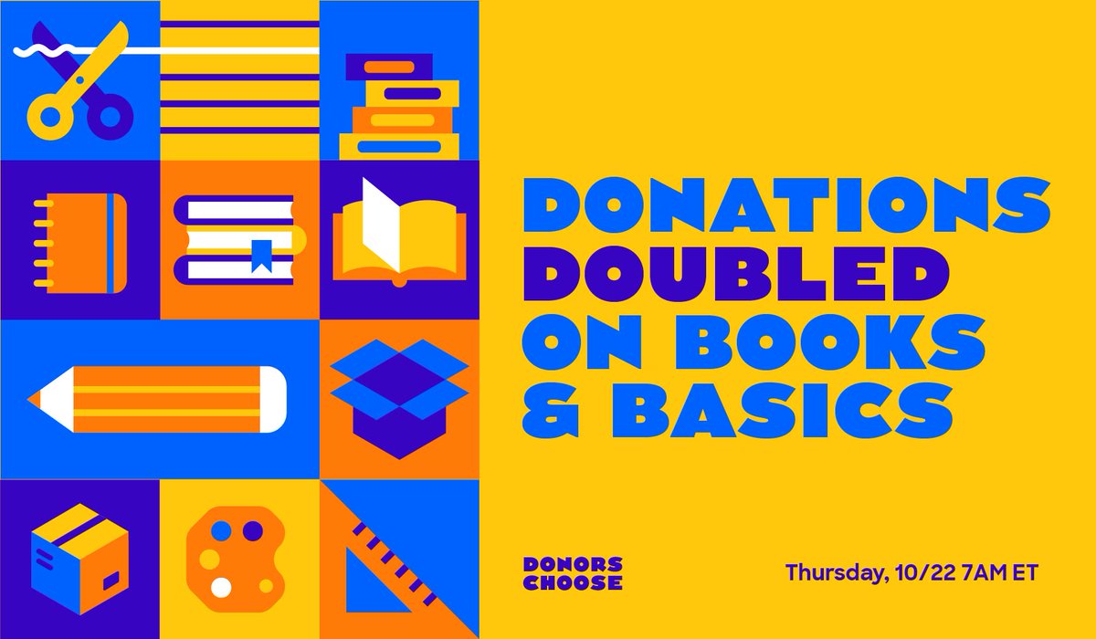 DonorsChoose's tweet photo. Next Thursday, October 22, starting at 7am ET, donations to all projects requesting books and classroom basics will be DOUBLED! Teachers, get ready and request all the books, glue sticks, and cardstock that you need to bring learning to life: https://t.co/7MKWLlP41E https://t.co/Zogwv8Ys6u