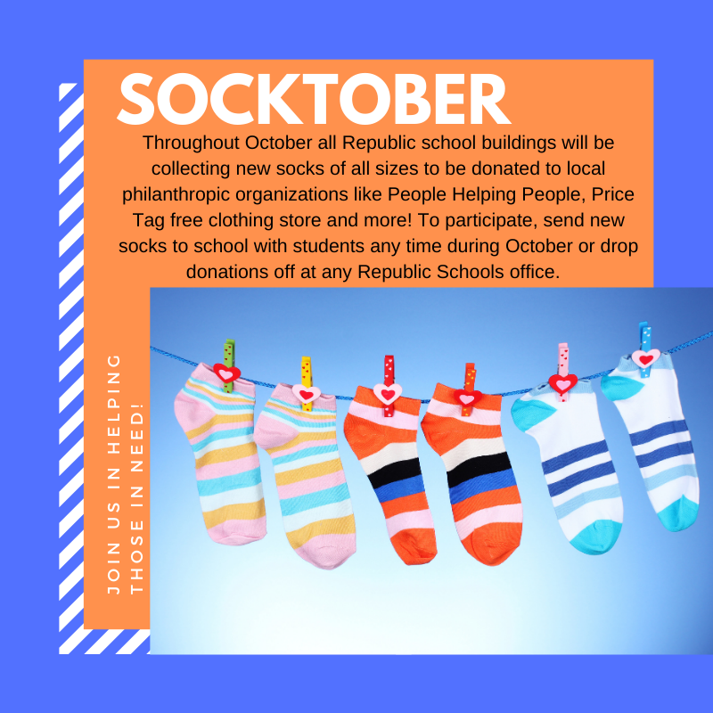 RepublicSchools's tweet photo. We're excited to participate in SOCKTOBER again this year! We'll be collecting socks of all sizes to be donated to those in need throughout October. To participate, send new socks to school with students or drop off donations to any school office! #repmoproud https://t.co/lAI9AITfoN