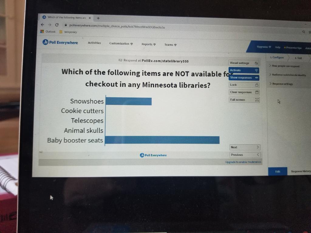 AnnT's tweet image. These are the guesses... turns out you can get almost anything at a library in MN, carseats, prom dresses, hula hoops ... but not animal skulls!
@jen_mpls @hannahbuckland_ @mesnow1 #mnlibraries #mnbroadband #libraries