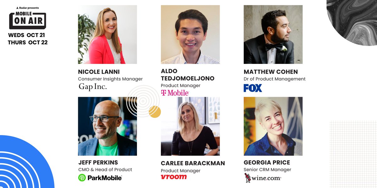 radarlabs's tweet photo. Our line-up for next week's #MobileOnAir features product leaders from @GapInc, @TMobile, @Parkmobile, @vroomcars, and more! Register today: https://t.co/rvgUrsxB3f https://t.co/sNC1RlJnev