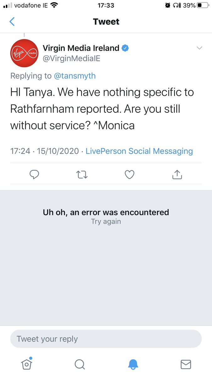 tansmyth's tweet photo. @VirginMediaIE Thanks for getting back so quickly. Yes, working off 4g to send this. It may then come back and after a while it’s gone again. Have rebooted twice. https://t.co/MC1QNy0kW5