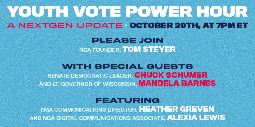 NextGenAmerica's tweet photo. Join us next Tuesday for our 🔥Youth Vote Power Hour🔥
 
NGA Founder @TomSteyer, NGA Comms Dir. @heathergreven, #youthvote icon @alexial___ &amp; special guests Leader Chuck Schumer &amp; WI Lt. Gov. Mandela Barnes will be on the call!
 
Don't miss it! RSVP today: https://t.co/qcJJdaSNif https://t.co/Tqm4VOEYz1