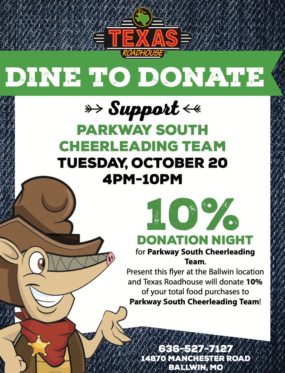 Come join your PSH Cheerleaders next Tuesday 10/20, for dinner at Texas Roadhouse!!!!