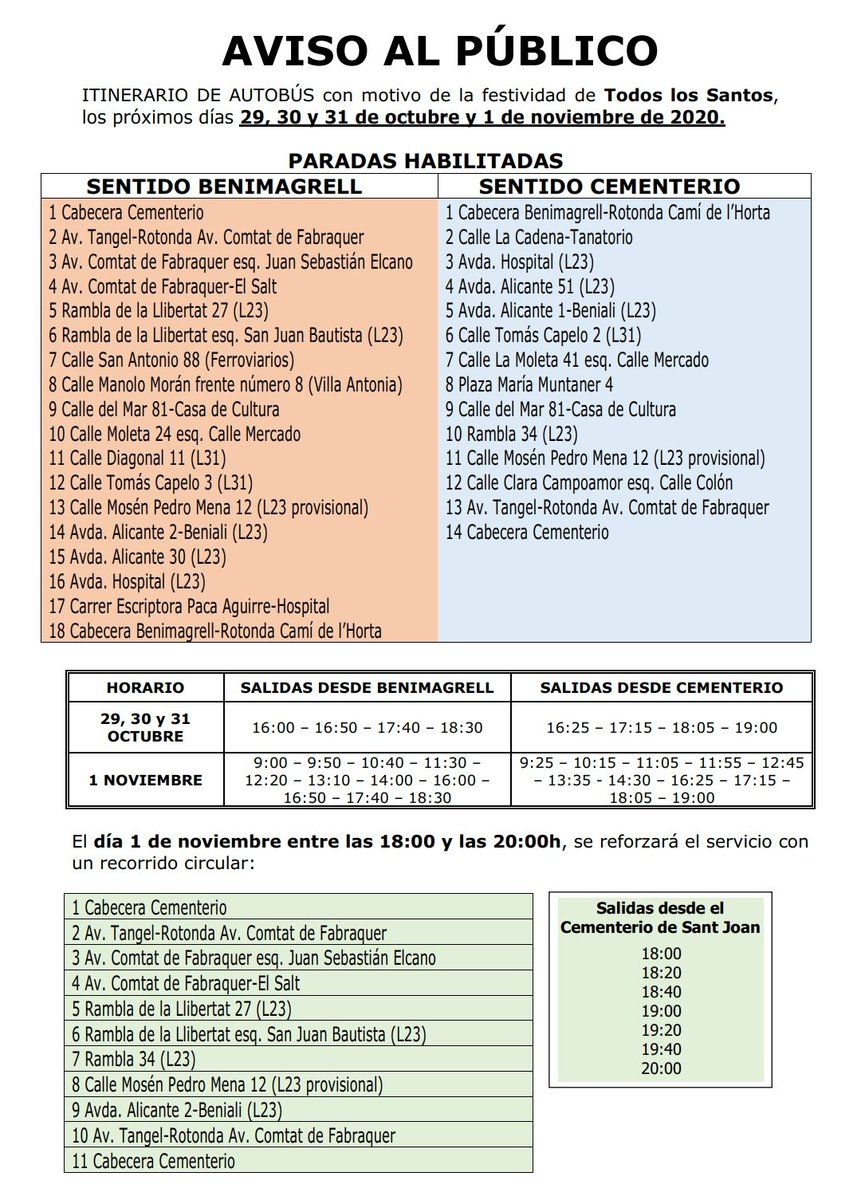 sant_joan's tweet photo. ✝️ Des de #CementeriSantJoan publicarem aquests dies tota la informació rellevant perquè pugueu anar a visitar als nostres sers estimats al #cementeri amb la màxima tranquil·litat i seguretat.
#TotselsSants
Hui el recorregut del 🚞🚌 autobús i el seu horari. 🕒 https://t.co/1XXVfEerrP