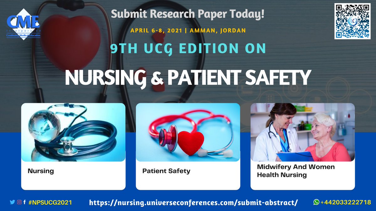 NursingUCG's tweet photo. #CallForAbstracts for #Nursing UCG #conference. Submit your abstract and join us in #Amman
Visit: https://t.co/UPxB4TWibc

#Nurse #rn #practitionernurse #Healthcare #registerednurse #hospitals #doctors #patientcare #digitalhealth #ehealth #Midwifery #CME #medicine #medical #nurse https://t.co/Df1G8hnzTM
