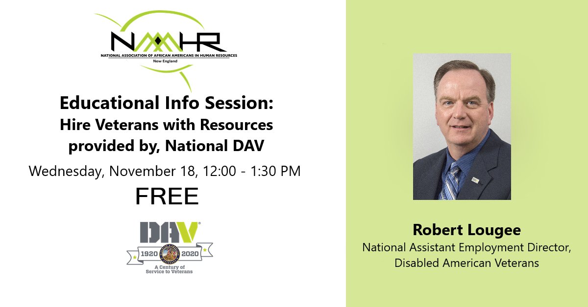 NAAAHRNE's tweet photo. Join us on Wednesday, November 18, 2020 at 12pm EDT for an Educational Info Session on Resources needed to Hire Veterans with Rob Lougee from @DAVHQ . 

Register NOW it is FREE: https://t.co/9mvoxr9ptw https://t.co/vvCy7MCQOO