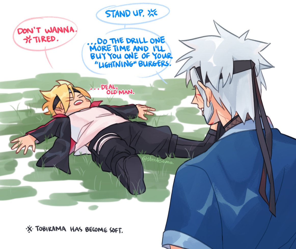 all I want is grumpy great great great uncle Tobirama roasting Boruto for his super redundant attack patterns but then falling for Boruto's "act like pouty grandchild so he'll feed me because grandpas like to do that" traps ?