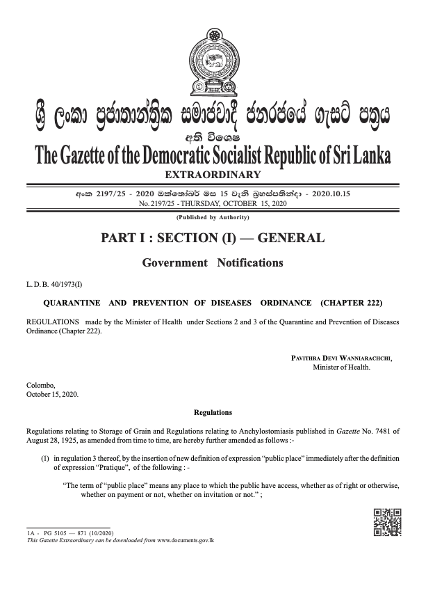 roelraymond's tweet photo. The Extraordinary Gazette on #COVID19 preventive regulations has been issued: 

In English: 

#COVID19SL #COVID19LK #SriLanka #LKA #lka 

1/3 https://t.co/8Lvz1D7j8O