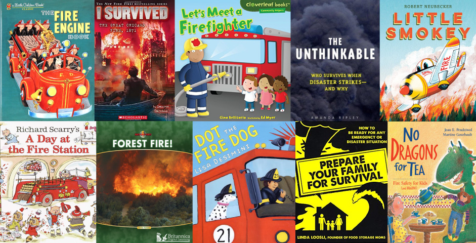 collage of children's books about fire safety