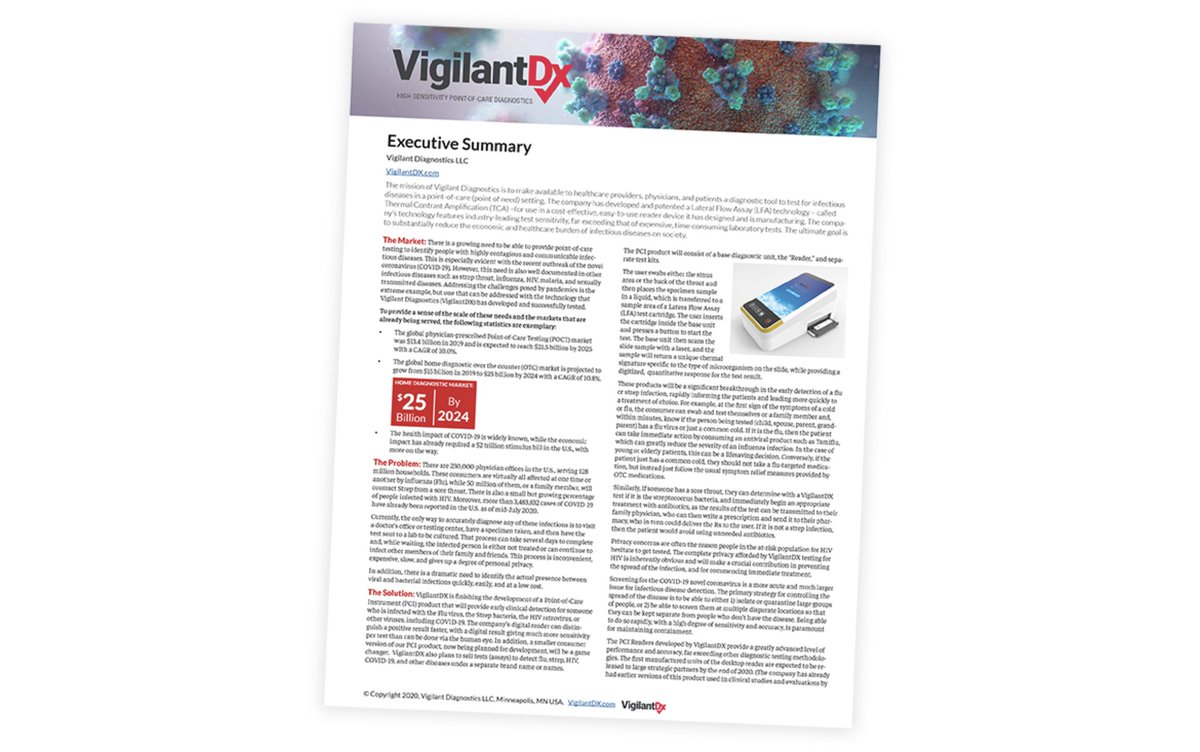 VigilantDx's tweet photo. To learn more about Vigilant's market, the problem we address, our solution, our experienced management team, and more, please download our Executive Summary here: https://t.co/fiLy5PYJk8 https://t.co/iWZKfkchOE